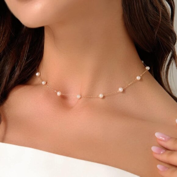 Dainty Pearl Choker Necklace Gold Beaded Chain Elegant Jewelry for Women Wedding - Picture 6 of 7
